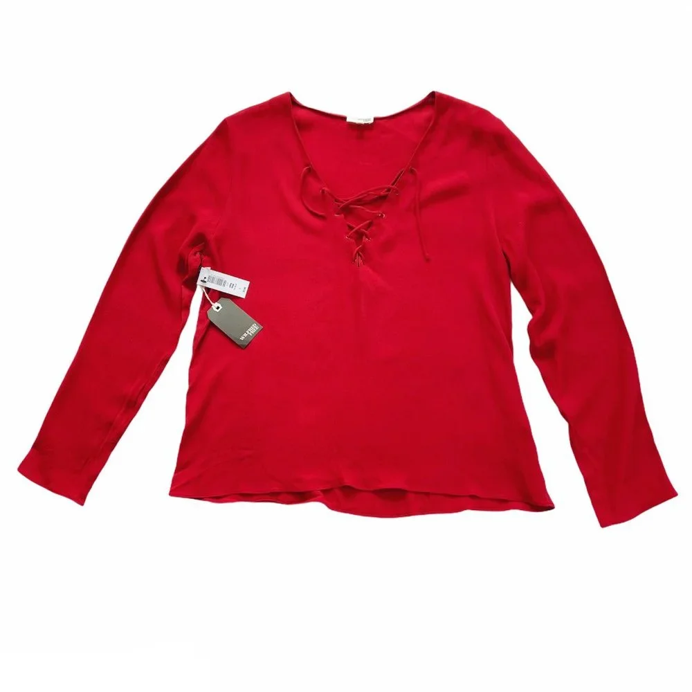❤️SOLD NWT Aritzia Wilfred Free Redling Red Tie Lace Neck Long Sleeve Blouse Top - Picture 7 of 13